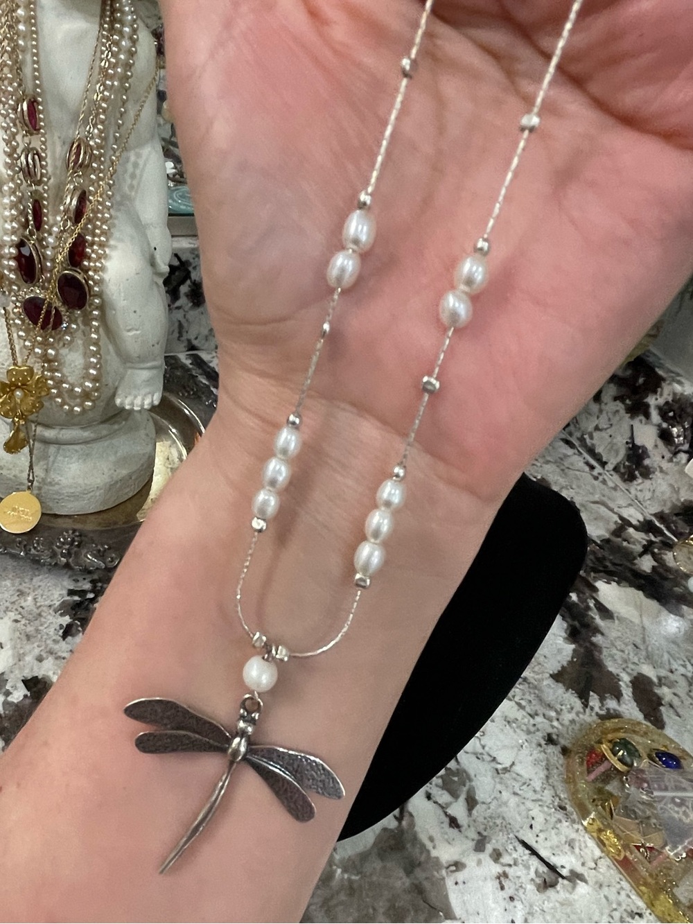 Lilac Israel Sterling Silver Dragonfly Necklace Pendant Pearl 925 Signed Vintage